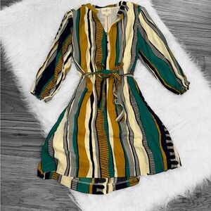 Umgee Long Sleeve Striped Dress in Green, Yellow, and Cream